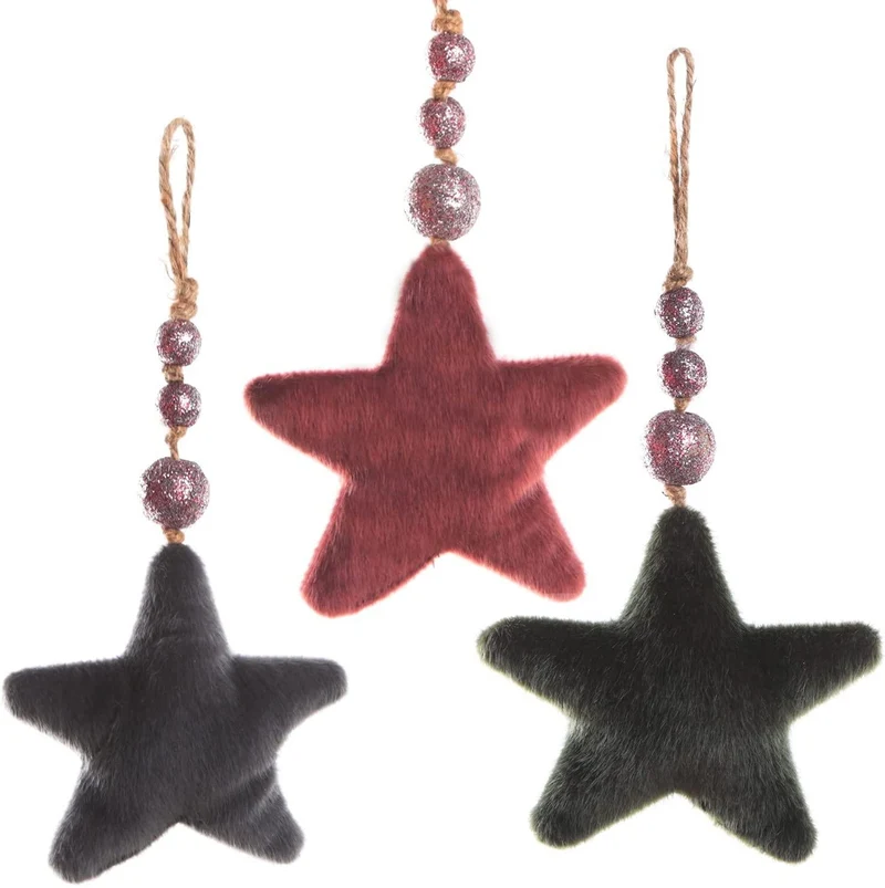 3 Sterne Weihnachtsanhänger - rot grau dunkelgrün aus Kunstfell & Stoff