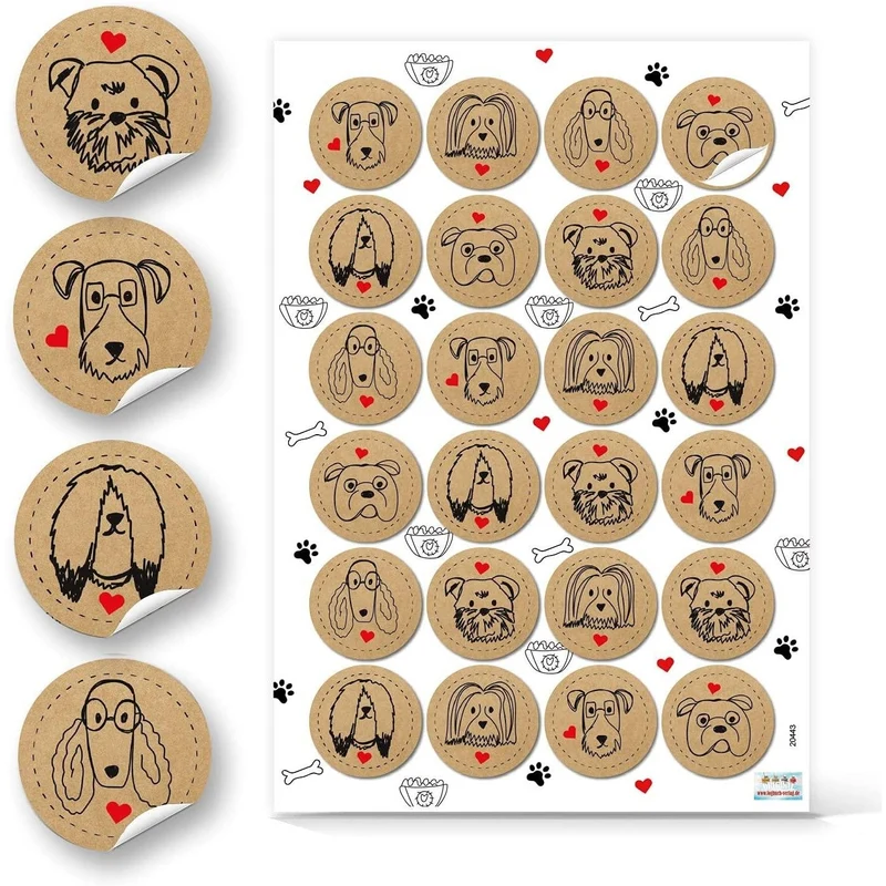 Logbuch-Verlag 24 runde Hunde Aufkleber mit Herz braun schwarz rot - Tieraufkleber Katzensticker für Kinder