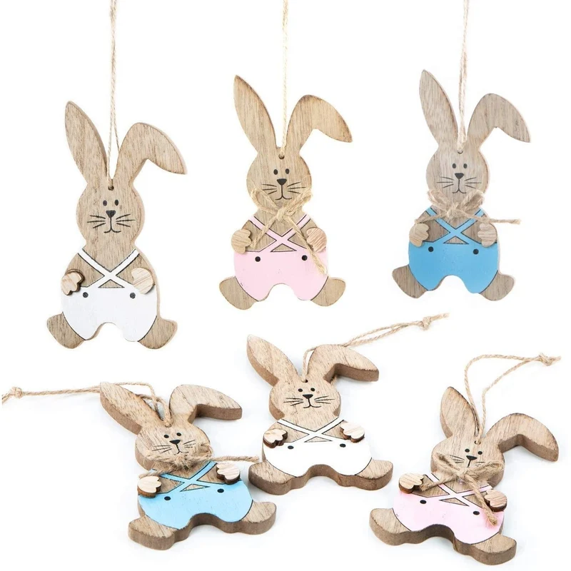 6 Osterhasen Anhänger - 12 cm aus Holz - natur weiß rosa blau