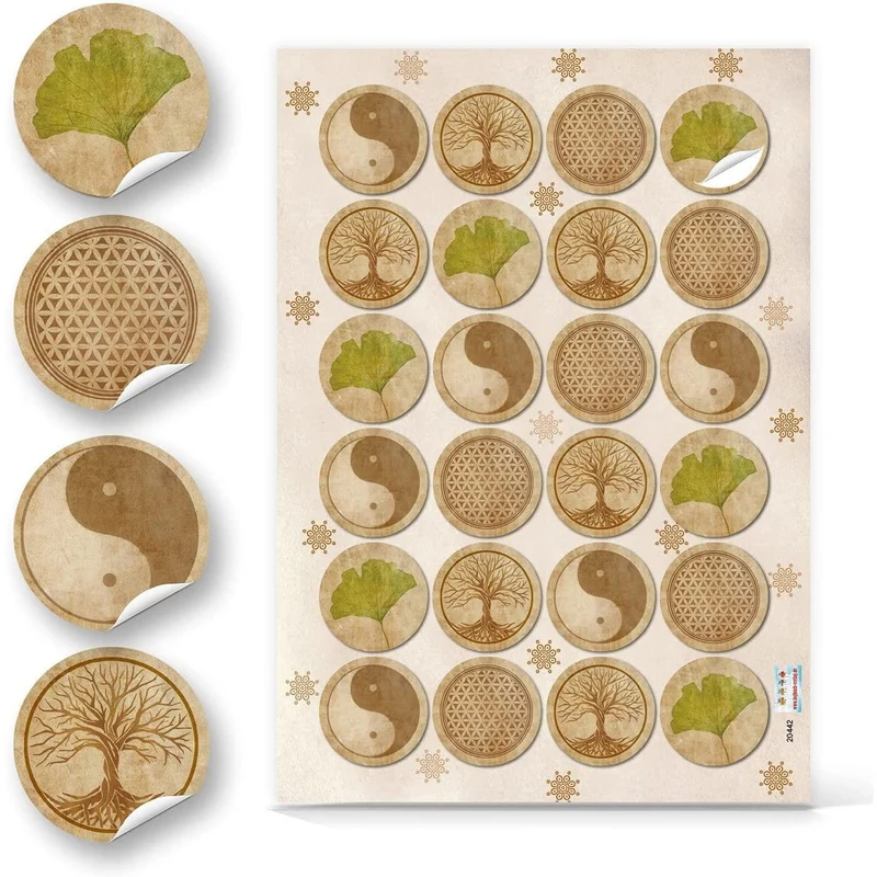 Logbuch-Verlag 24 Aufkleber Yin Yang + Lebensbaum + Lebensblume + Ginkgo - spirituelle Symbole Sticker Etiketten natur braun grün