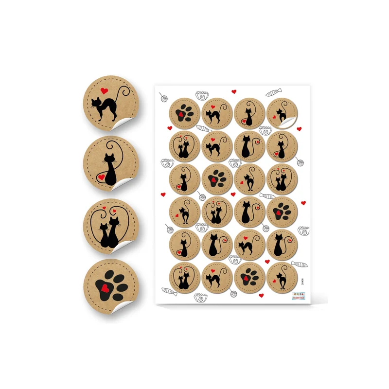 Logbuch-Verlag 24 runde Katzen Aufkleber in Kraftpapieroptik mit Herz braun schwarz rot - Tieraufkleber Katzensticker für Kinder