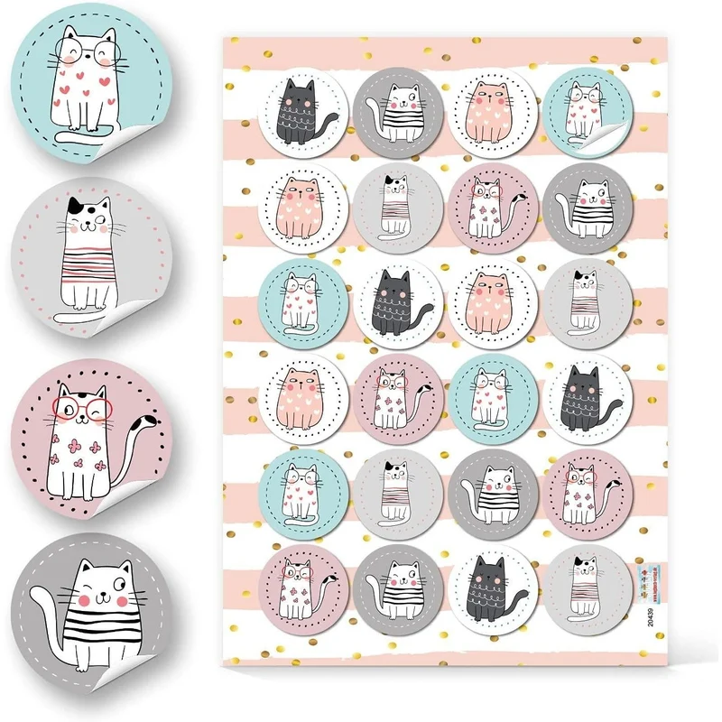 Logbuch-Verlag 24 runde Katzen Aufkleber mit rosa blau weiß - Tieraufkleber Katzensticker für Kinder