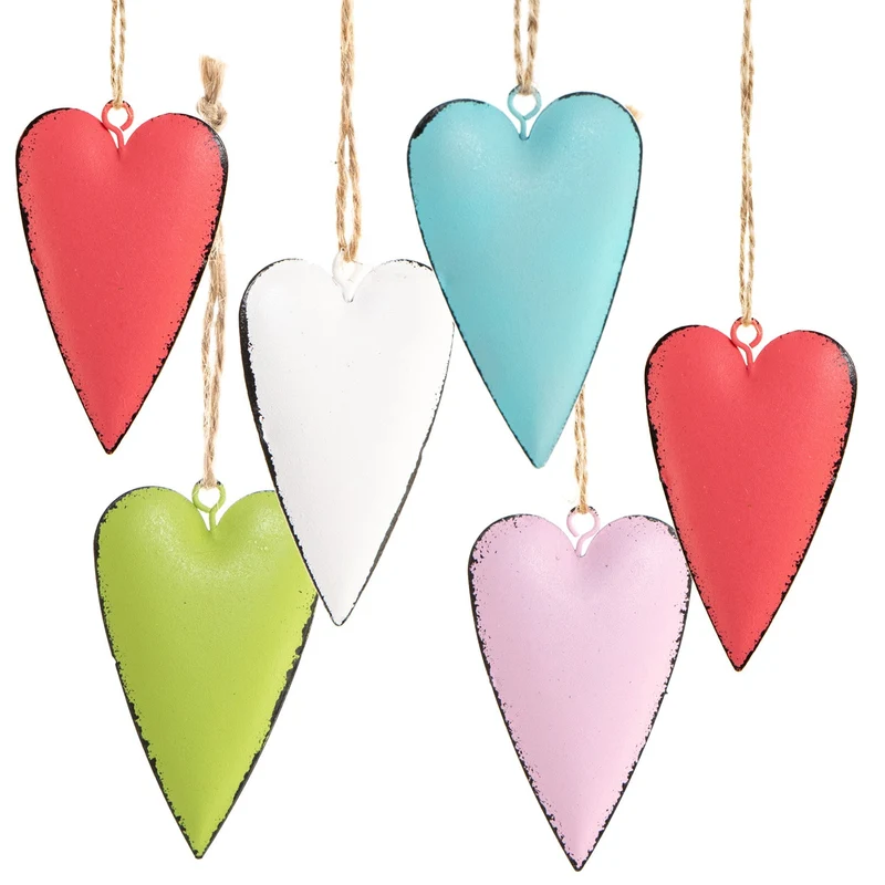 6 bunte Dekoherzen Herzanhänger - rot rosa blau grün weiß - 7 cm aus Metall