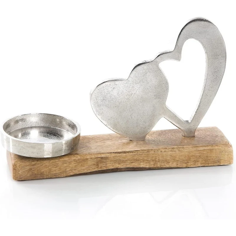 Kerzenhalter aus Metall und Holz - Herz Kerzenständer Silber braun