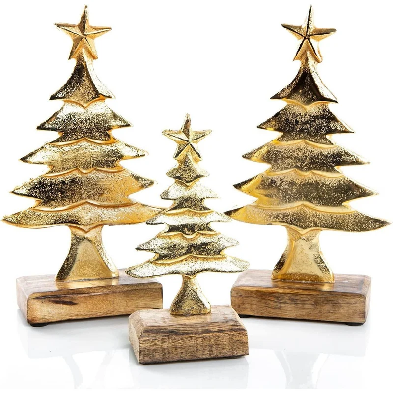3 goldfarbene Weihnachtsbäume aus Metall & Mangoholz - 22 cm + 17 cm