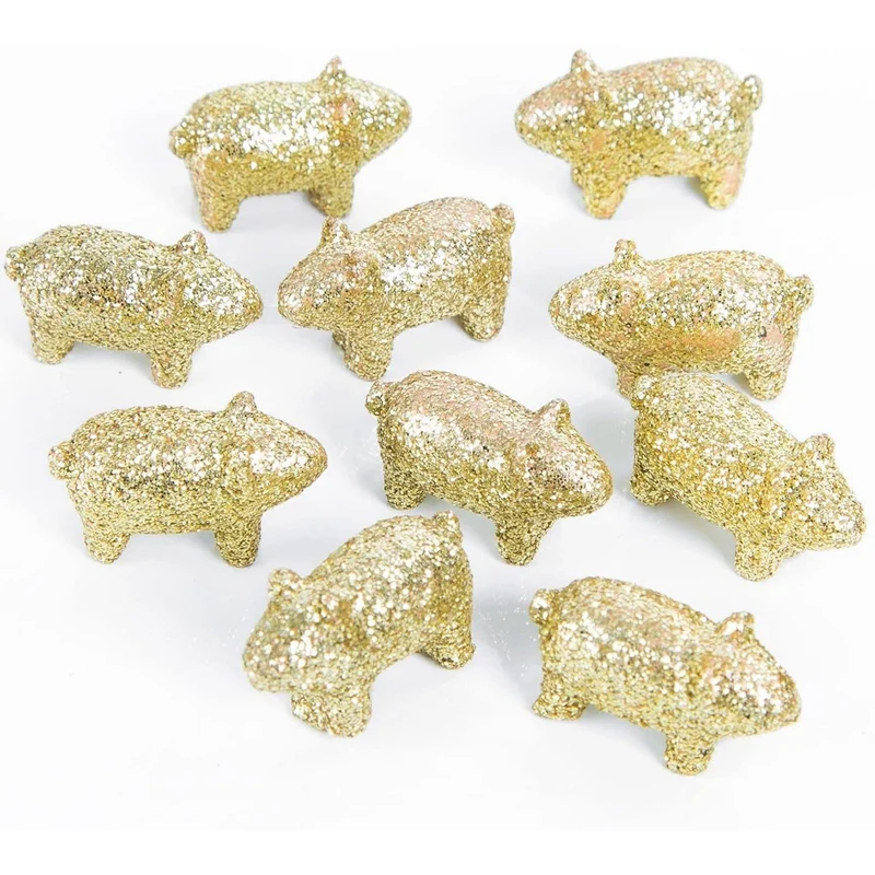 10 Mini Glücksschwein Figuren gold glitzernd 2 cm
