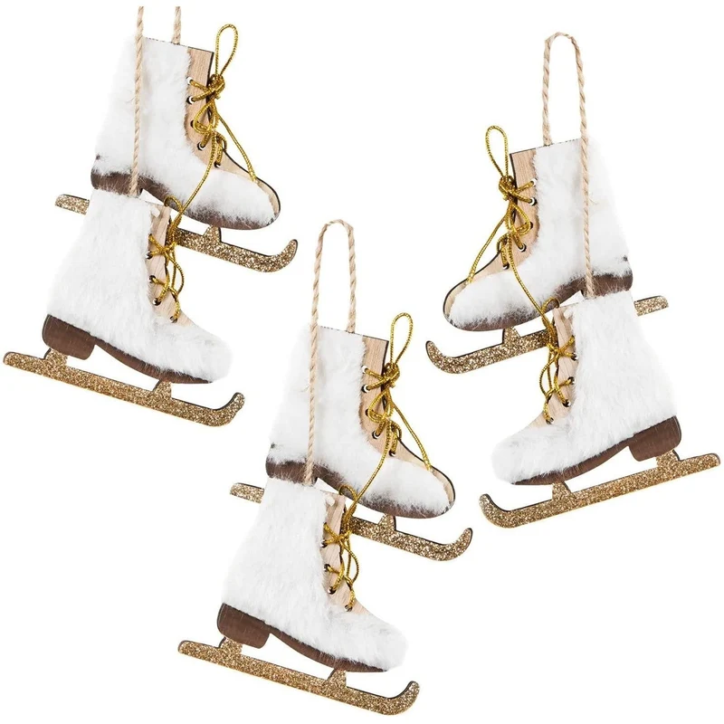 3 Schlittschuhpaare Weihnachtsanhänger aus Holz 8 cm weiß Gold