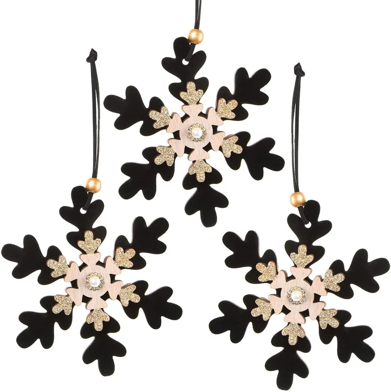 3 Schneeflocken Anhänger aus Holz mit Samt (12,5 cm) - schwarz Natur Gold
