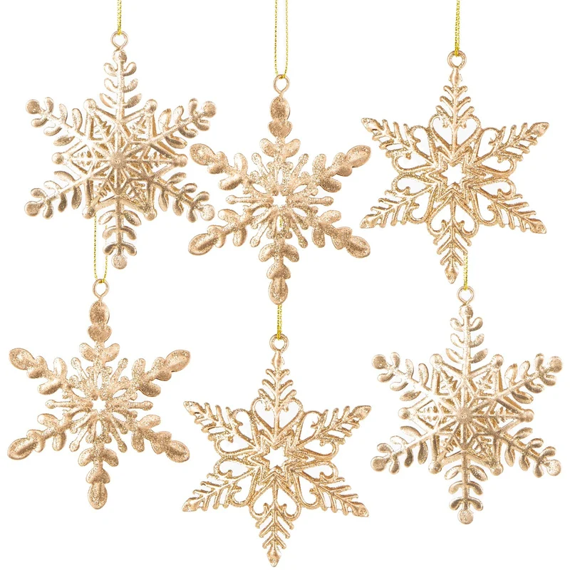 6 Schneeflocken Weihnachtsanhänger aus Metall - 8 cm Goldfarben