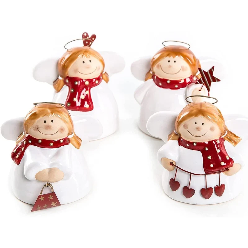 4 kleine Engel Figuren rot weiß 9 cm - Engelfiguren stehend