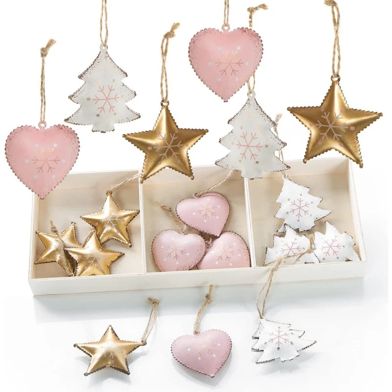 18 kleine Christbaumanhänger aus Metall Herz + Stern + Baum - rosa Gold weiß