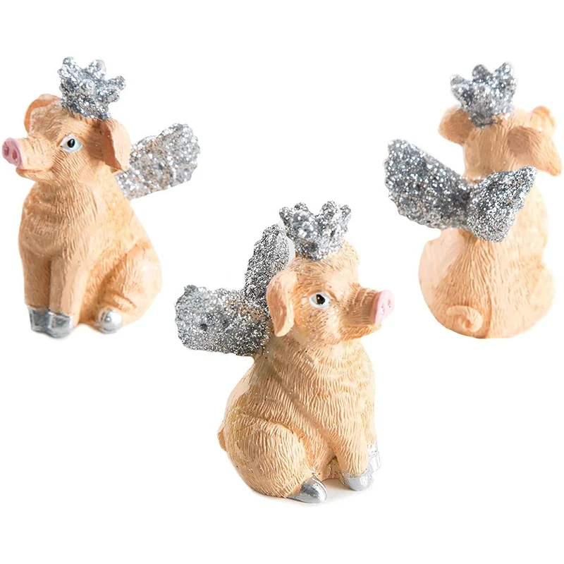 3 kleine Glücksschweinchen 5,5 cm - rosa braun silber mit Flügeln und Krone