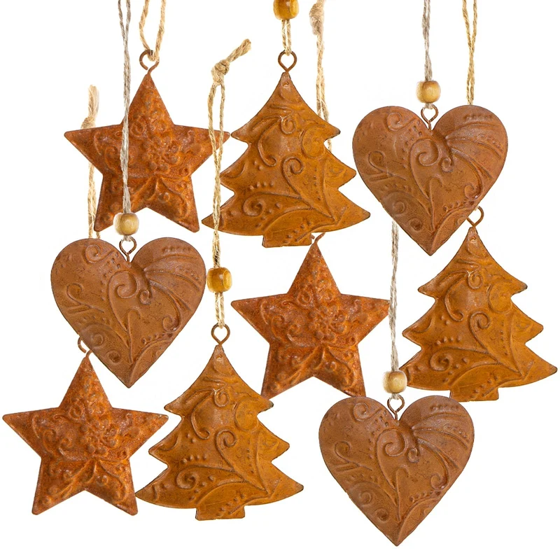 9 rostbraune Weihnachtsanhänger Herz + Stern + Baum - Christbaumschmuck aus Metall Rost