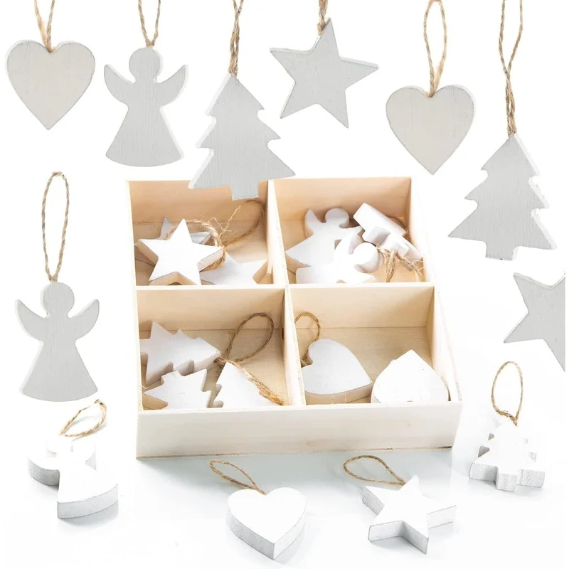 24 kleine Weihnachtsanhänger aus Holz weiß - weihnachtlicher Baumschmuck