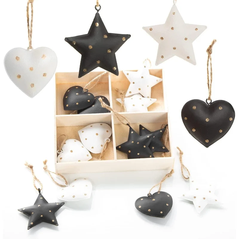 16 Christbaumanhänger aus Metall Herzen + Sterne schwarz weiß Gold