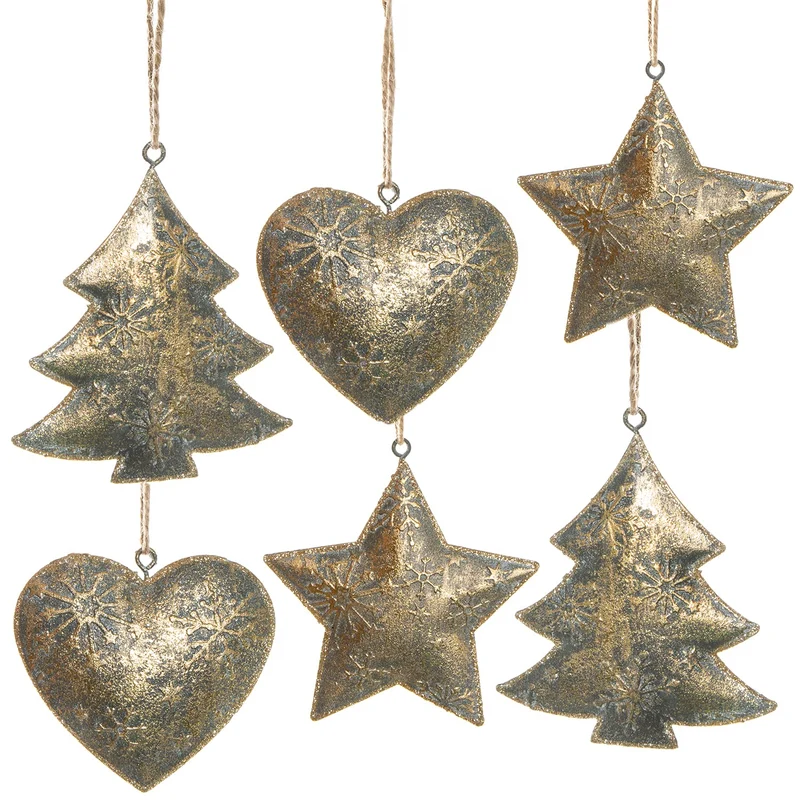 6 vintage Weihnachtsanhänger antik-Gold aus Metall