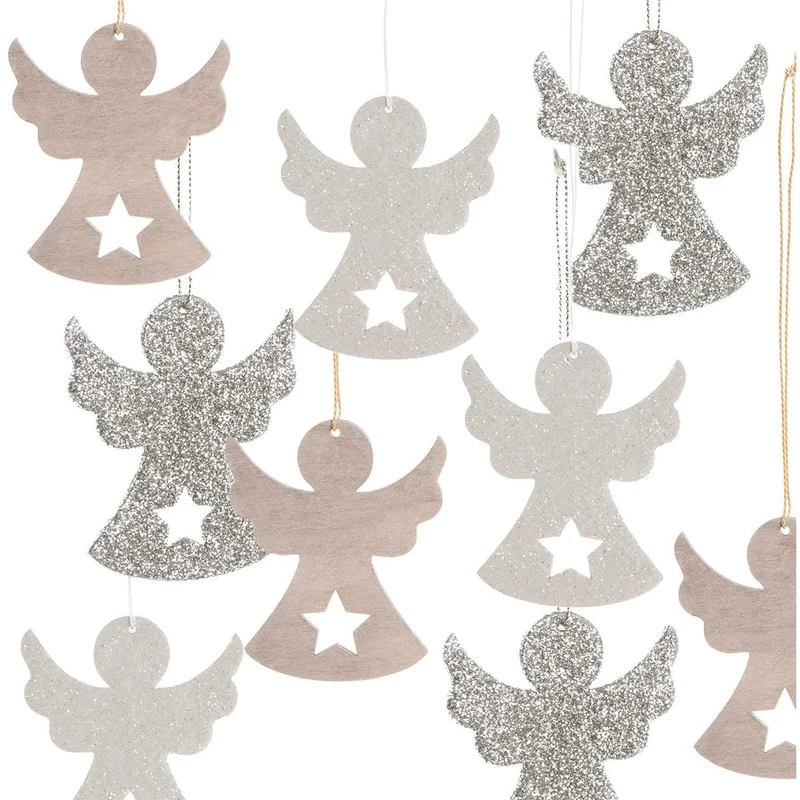 9 glitzernde Engel Anhänger aus Holz - rosa weiß Silber mit Glitzer