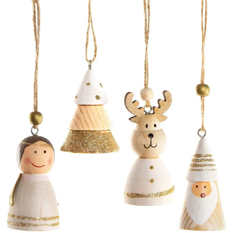 Weihnachtsanhänger Set - Engel + Baum + Rentier + Nikolaus Natur Gold weiß