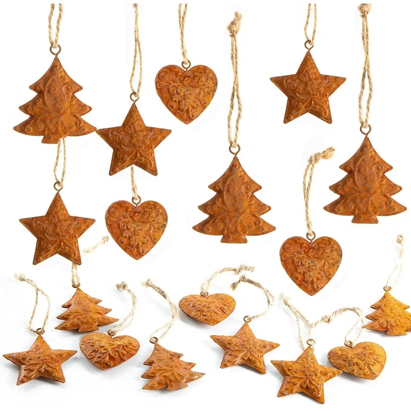 18 rostbraune Weihnachtsanhänger Herz + Stern + Baum - aus Metall Rost Patina