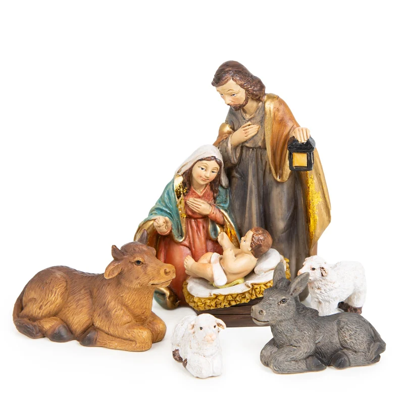 Krippenfiguren Set 5-TLG. Heilige Familie - Ochs, Esel & Schafe 9,5 cm