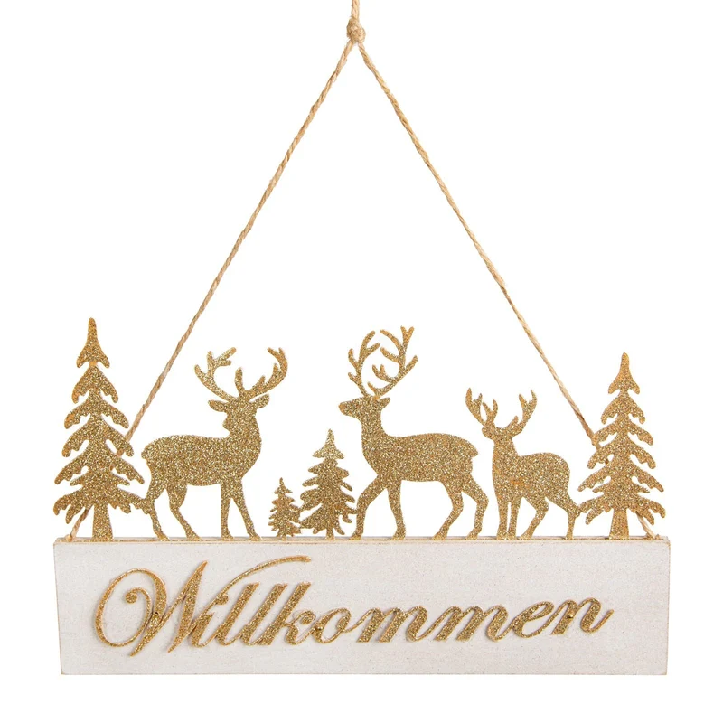 Weihnachten "Willkommen" Türschild aus Metall weiß gold 28 cm