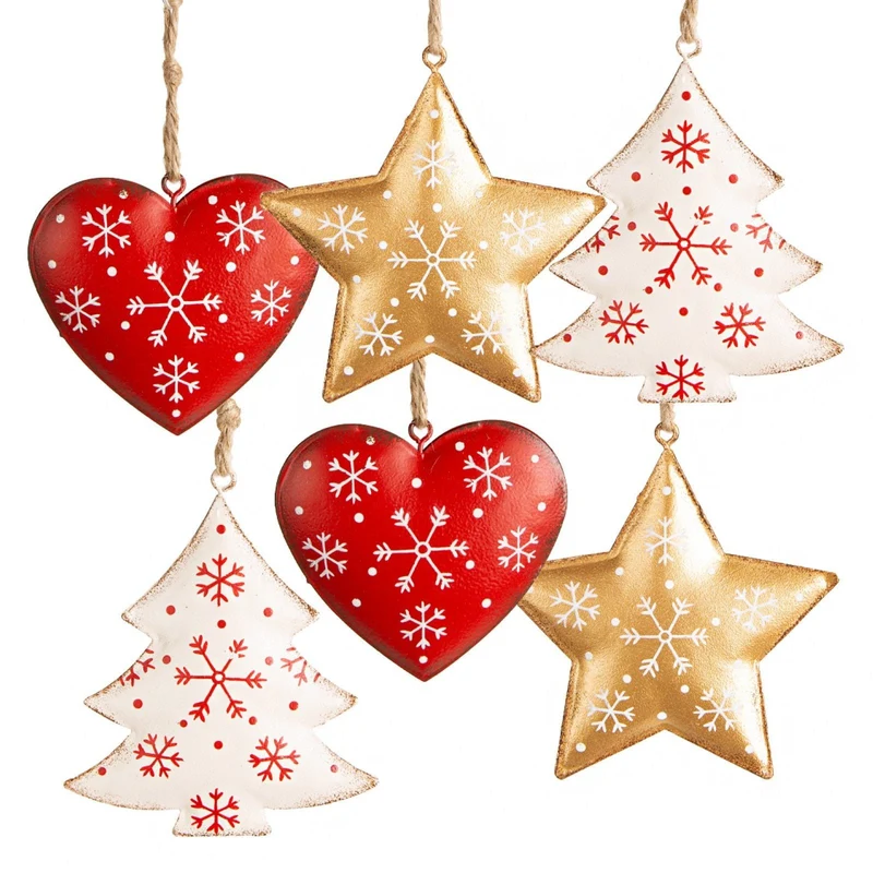 6 große Weihnachtsbaumanhänger - aus Metall rot Gold weiß 5-9 cm