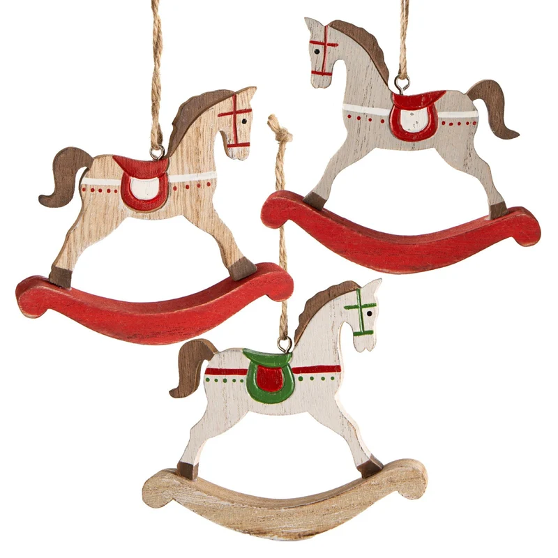 3 Schaukelpferde - Weihnachtsbaum Anhänger 10 cm braun rot