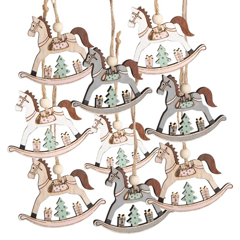 9 Schaukelpferde - Weihnachtsbaum Anhänger grau braun Natur 6,5 cm
