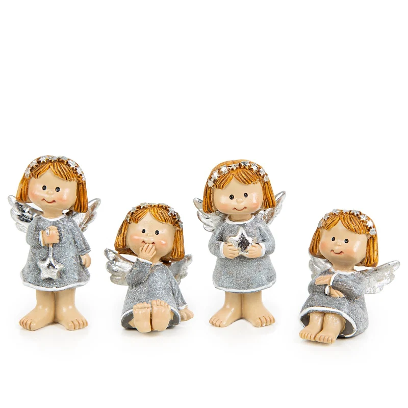 4 kleine Weihnachtsengel Figuren Silber mit Glitzer 4-6 cm