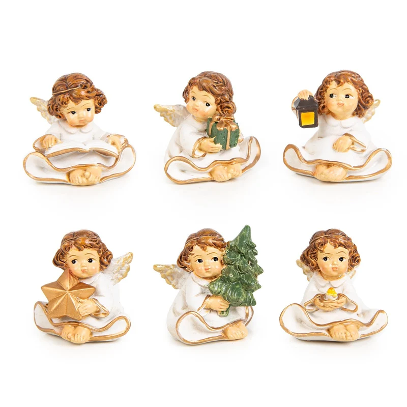 6 Mini Weihnachtsengel weiß Gold - kleine Schutzengel Figuren 4 cm