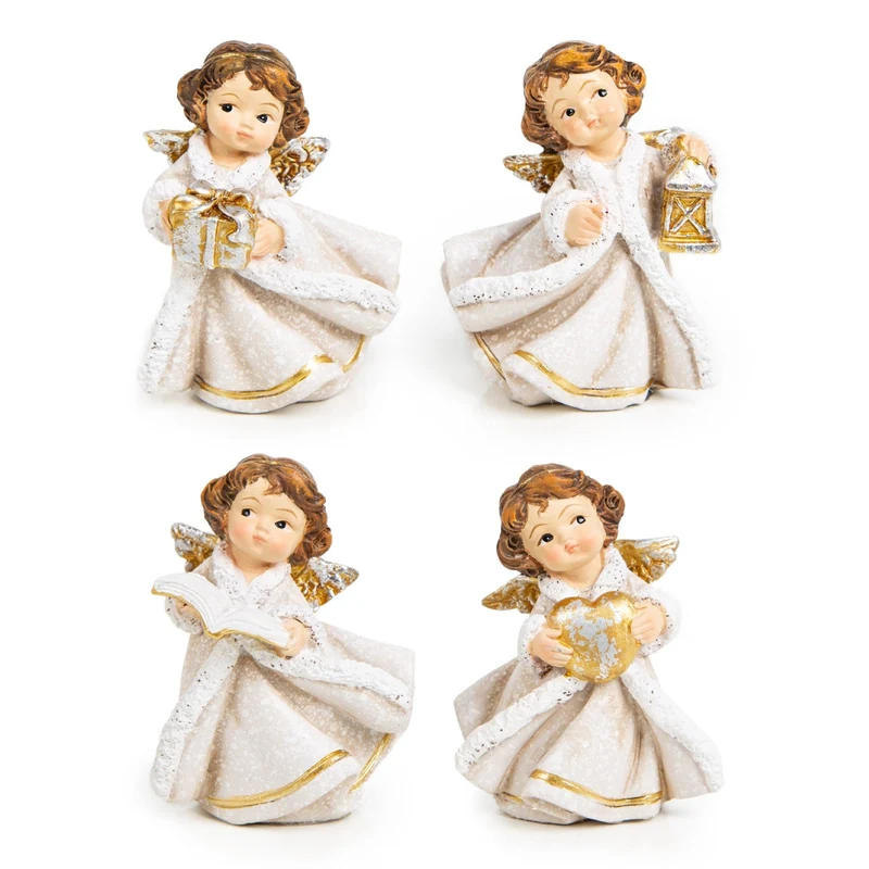 4 kleine Engel Figuren - Weihnachtsengel Creme Gold 7 cm