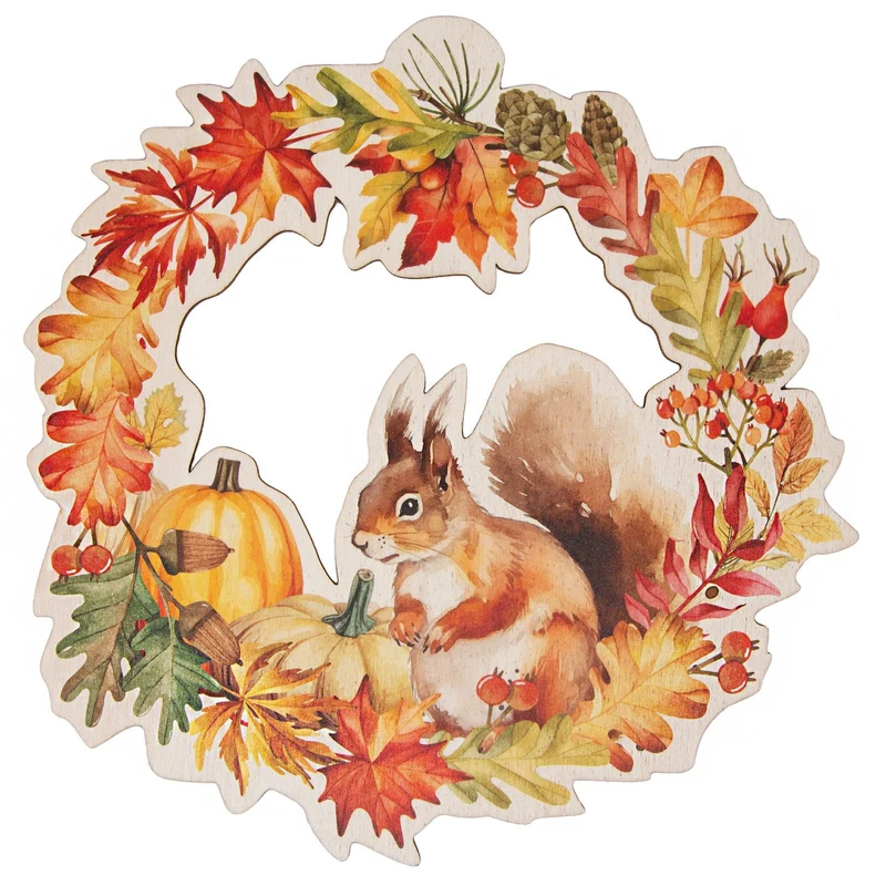Herbst Deko Türkranz aus Holz Eichhörnchen Herbstdeko 29,5 cm