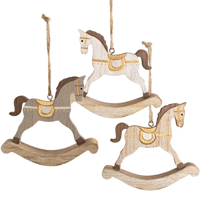3 Schaukelpferde zum Aufhängen 10 cm braun Gold