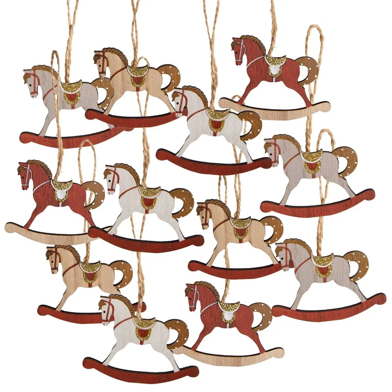 8 Weihnachtsbaumanhänger Schaukelpferde aus Holz rot beige 5,5 cm