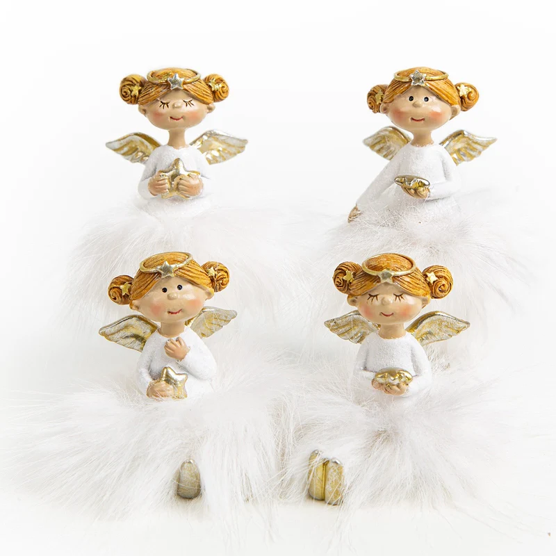 4 Engel mit Federkleid weiß gold Schutzengel Kommunion 10 cm