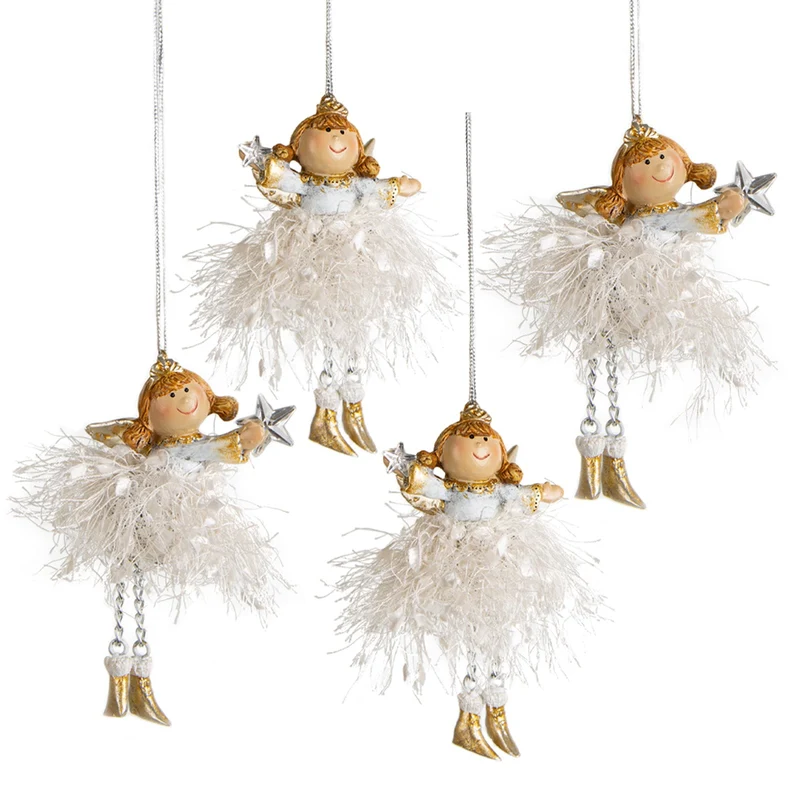 4 Schutzengel Anhänger mit Stern Gold beige 11 cm