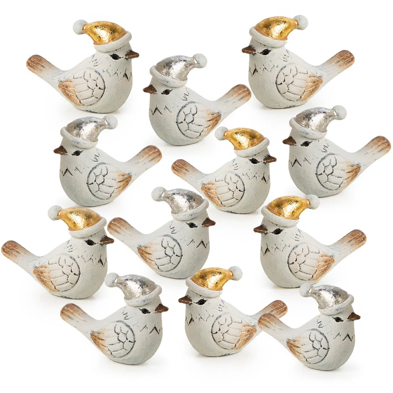 12 kleine Vogel-Figuren mit Weihnachtsmütze Creme Gold 3,5 cm
