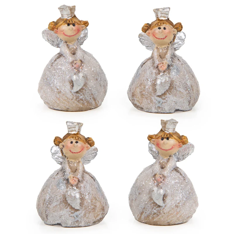 4 Mini Schutzengel - Miniatur Engel 3,5 cm Silber mit Krone