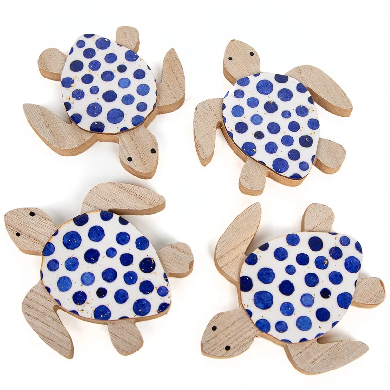4 Schildkröten Dekofiguren - Holz Natur blau weiß 13 cm Strand Urlaub