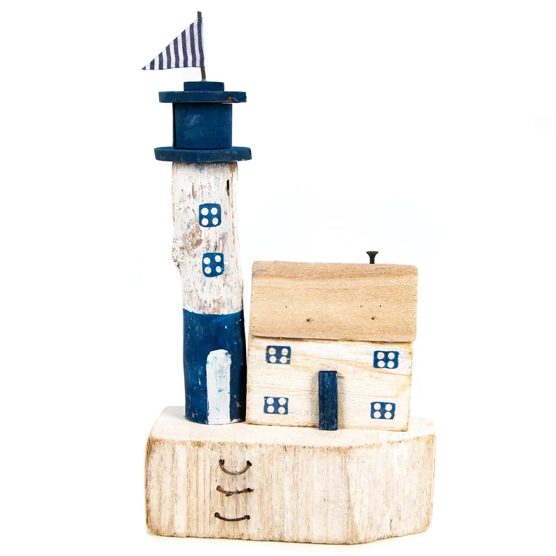 Leuchtturm Figur Hafenstadt - Maritime Deko blau weiß 31 x 18 cm Holz