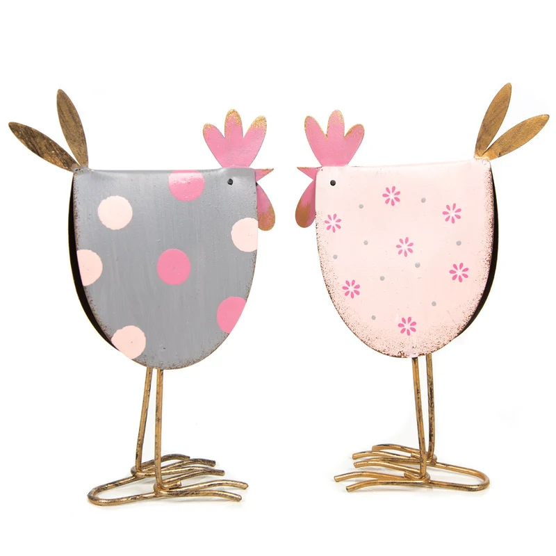 2 Hühner Deko Figuren aus Metall pink grau Frühlingsdeko 19 x 6 cm