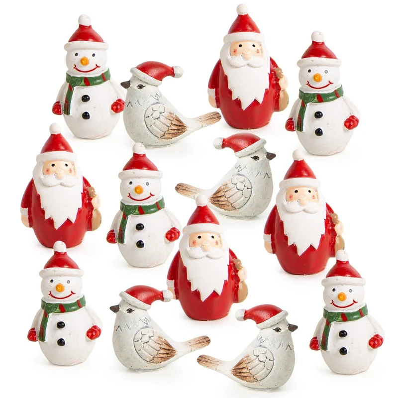 12 Mini Weihnachtsfiguren Schneemann Nikolaus Vogel rot weiß 4-5 cm
