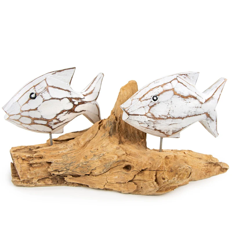 Fische Skulptur auf Treibholz 25 x 15 x 12 cm weiß Natur