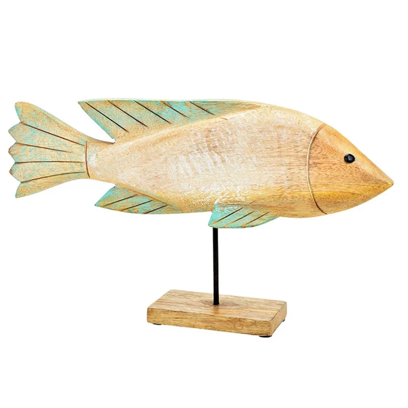 Große Holzfisch Figur zum Hinstellen 40 x 22 x 7 cm beige Mint türkis