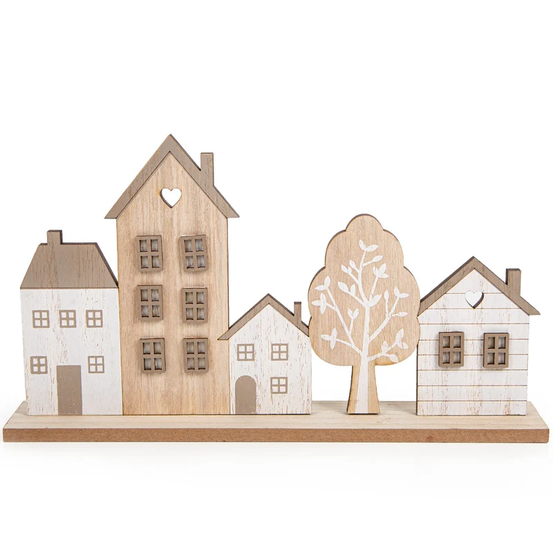 Häuserzeile aus Holz weiß naturfarben 30 x 17 x 5 cm zum Hinstellen