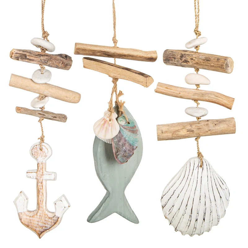 3 Maritime Deko Anhänger Fisch + Muschel + Anker + Treibholz 35-40 cm