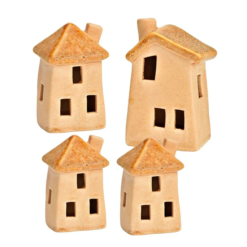 4 kleine Häuser Miniaturen aus Keramik in braun 9, 12 und 14 cm