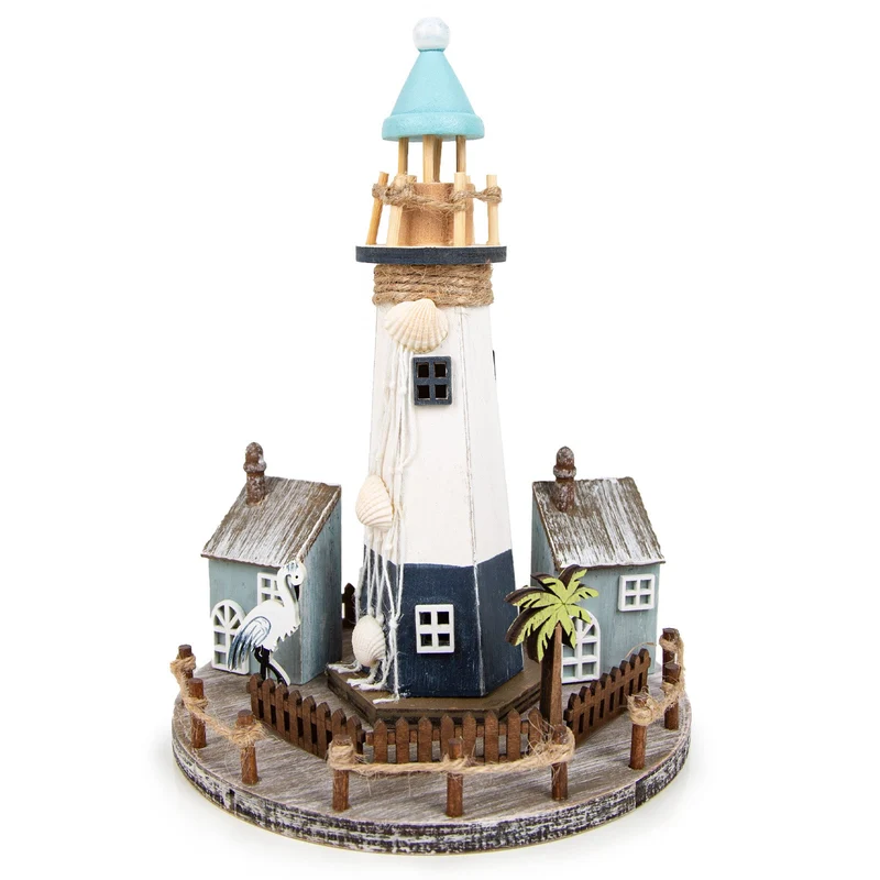 Leuchtturm mit Strandhäuser aus Holz blau türkis weiß 16 x 16 x 22 cm