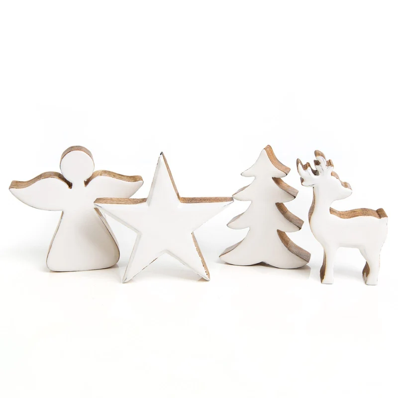 4 Weihnachtsfiguren aus Holz - Engel Baum Rentier Stern 10 cm