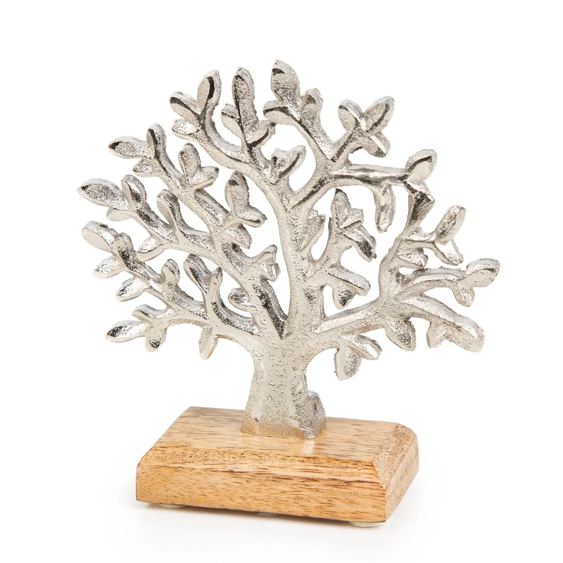 Lebensbaum Dekofigur aus Aluminium & Holz Silber - Baum des Lebens 13 cm